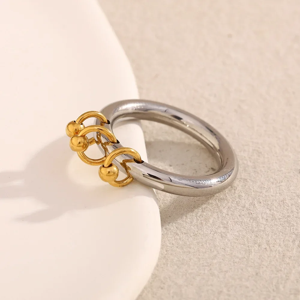 Double Mixed Color Mini Round Circle Bead Tassel Rings for Women PVD Waterproof Stainless Steel Finger Ring Vintage Punk Jewelry