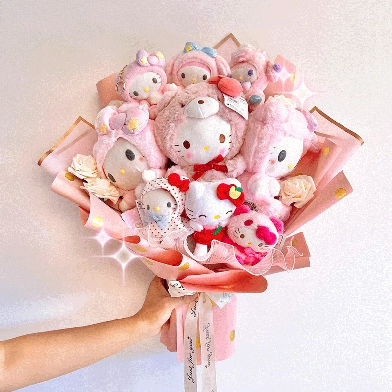 

Kawaii Sanrios Hellokitty Kuromi Melody Flower Bouquet Cinnamoroll Plush Doll Girls Valentine's Day Graduation Birthday Gift