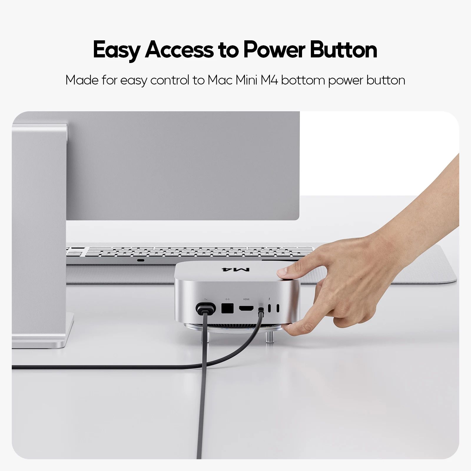 PULWTOP 투명 아크릴 데스크 스탠드, 간편한 전원 버튼 접근 기능이 있는 미니멀리스트 M4 홀더, Mac Mini M4/M4 Pro용 미끄럼 방지 베이스