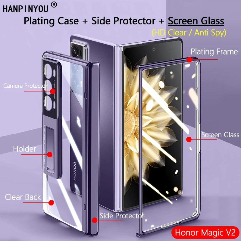 

4 in 1 Plating Holder Case + 9H Tempered Glass For Honor Magic V2 Camera Side Protector Shell With Clear / Anti-Spy Screen Film