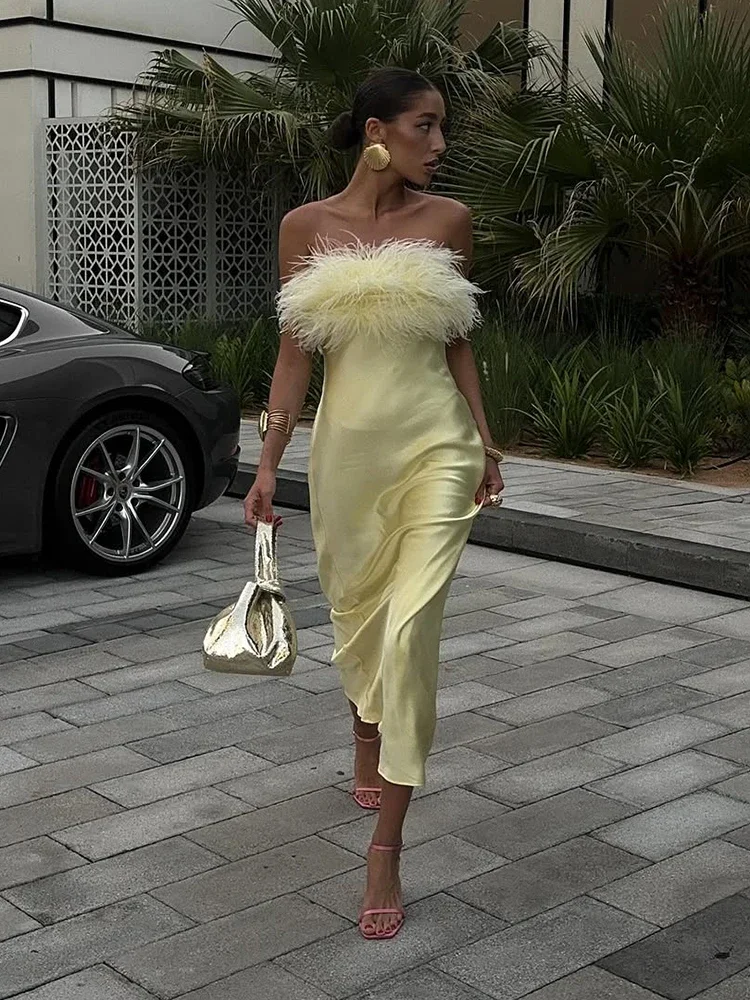 Yellow Satin Fringe Maxi Dress Women Elegant Strapless Sleeveless Waist  Cinched Long Dresses 2025 New Summer Holiday Lady Robes - AliExpress  200000345
