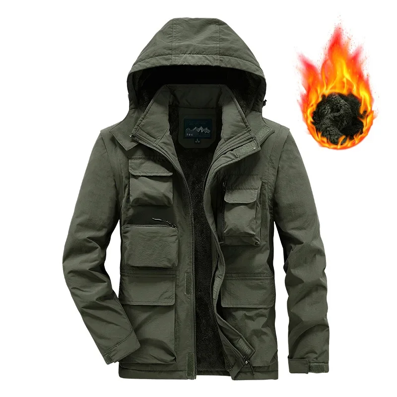 Men's Winter Fleece-Lined Thickened Multi-Pocket Waterproof Jacket Casual Vest Removable Sleeves Outdoor Motorcycle Rider Vest