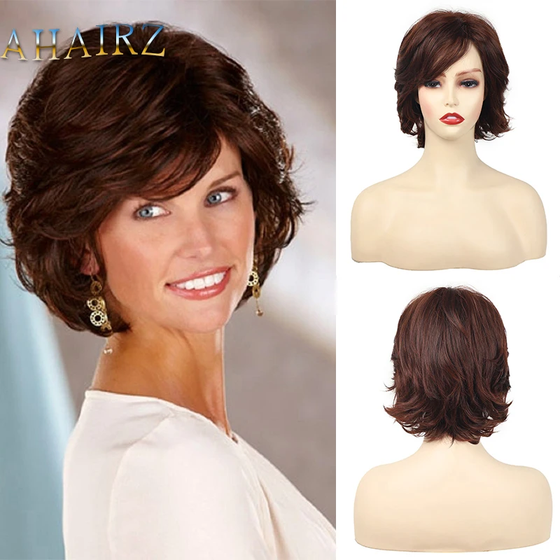 Synthetic Dark Brown Wigs Fluffy Short Pixie Cut Wig with Side Bangs for Black Women Daily Cosplay Party Hair Heat Resistant