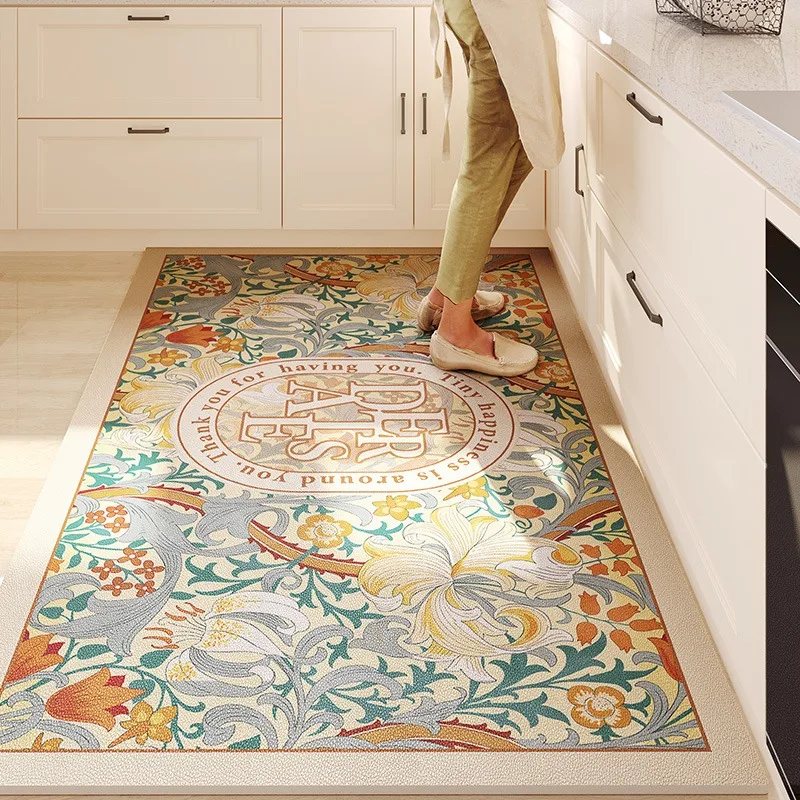 European Kitchen Floor Mat PVC Leather Waterproof Oil-proof Floral Carpet Anti-fouling Easy Clean Balcony Rugs Tapete De Cozinha