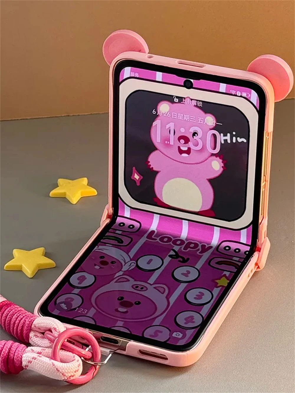 Korean Cute Cartoon Anime Pink Ear Phone Case with Hand Strap Cover