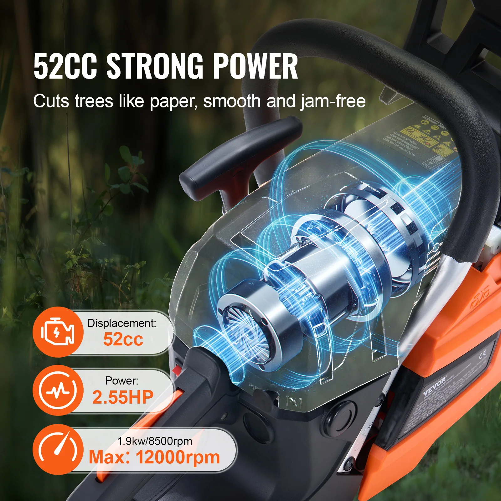 VEVOR Gas Chainsaw 52CC 18" 2.55HP Handheld Cordless Petrol Chainsaws for Tree Wood Branch Farm Garden Ranch Forest Cutting Use 3