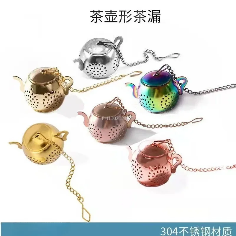 Metal Tea Strainer Teapot Shape Loose Tea Stainless Steel Infuser Leaf Tea Maker Strainer Chain Drip Tray Herbal Spice Filter