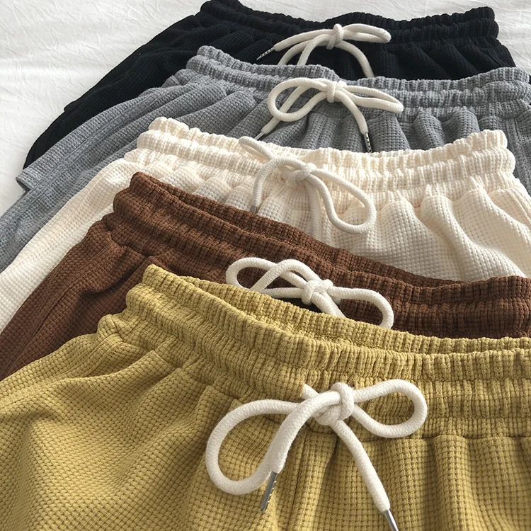 spandex shorts Summer Women Sports Shorts Elastic Drawstring High Waist Cotton Waffle A-line Wide Leg Shorts Solid Women Home Casual Shorts women's swim shorts