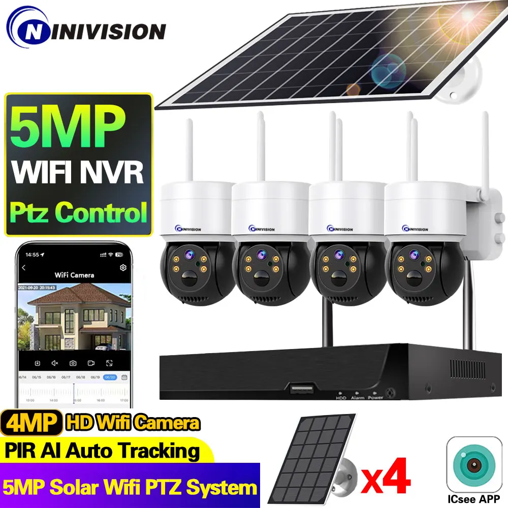

Solar Camera WIFI Outdoor 5MP HD Wireles NVR Kit Security CCTV Waterproof Night Vision PIR Human Detect Cam Kit with Solar Panel