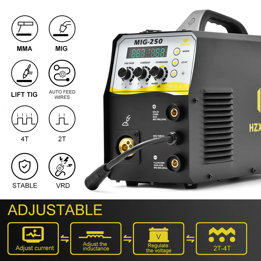 HZXVOGEN 220V Semi-automatic Welding Machine 4 IN 1 MIG Gas Gasless No Gas ARC TIG 2T 4T IGBT INVERTER TIG MMA Stick MIG Welder