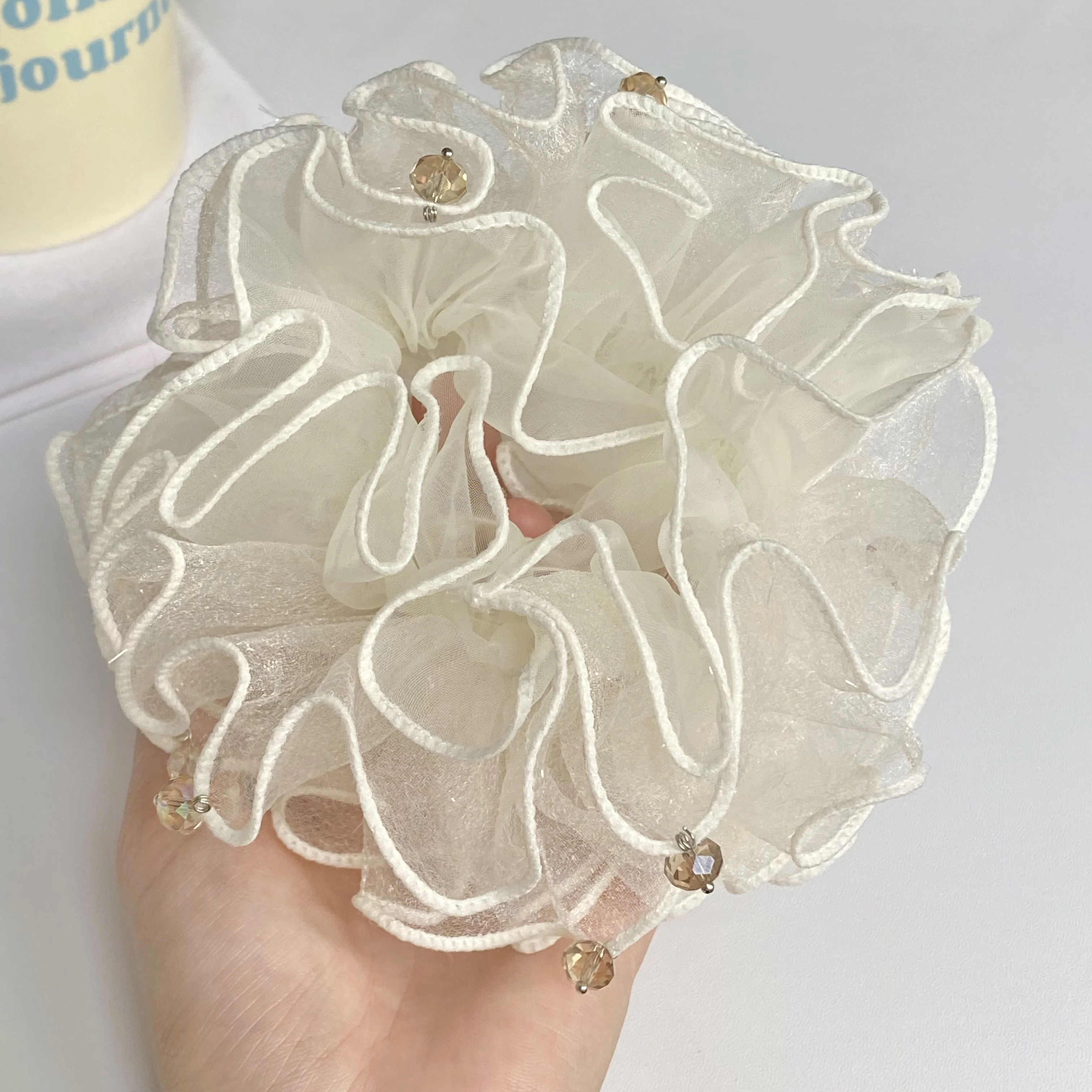 1PC Elegant White Organza Scrunchie With Crystal Beads: Romantic Ruffled Hair Accessory For Women, Perfect For Daily