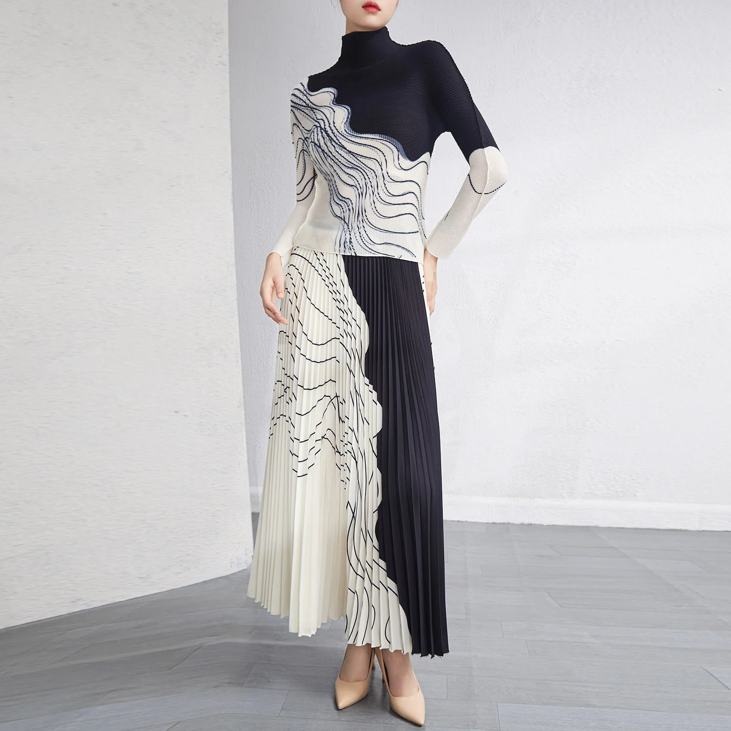

Print Contrast Color Pleated Set For Women Turtleneck Long Sleeve Slim Top A-line Skirt Clothing 2023 New Autumn