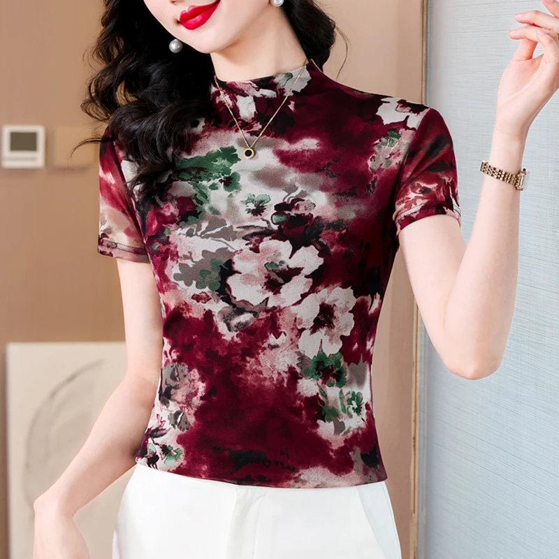 

Женские топы с коротким рукавом и цветочным принтом, летняя повседневная Сетчатая футболка с высоким воротником, 2024