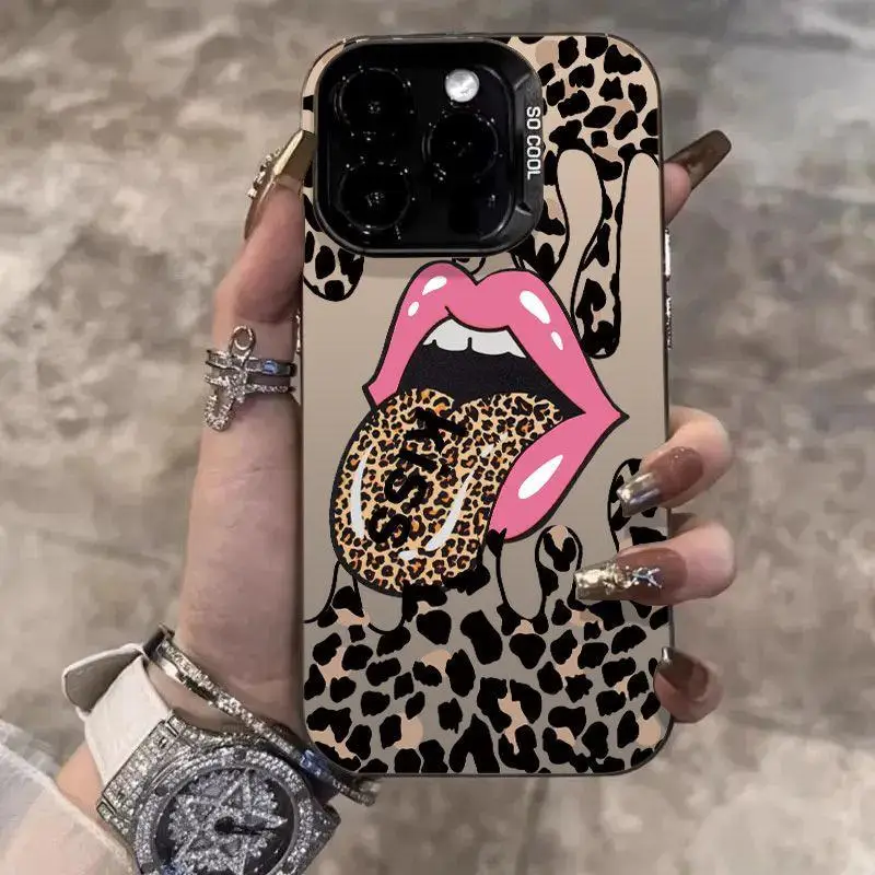 Hot Red Lip Leopard Print Matte Phone Case - Stylish Back Cover with Bold Design