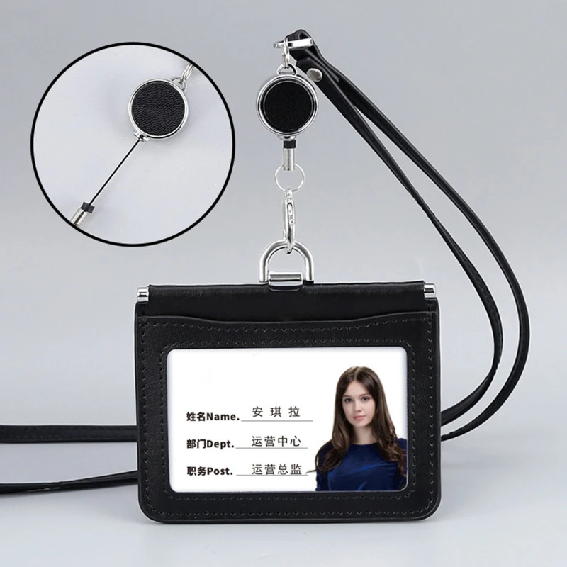 Leather Badge Holder with Clear Window Credit Card Slot Detachable Neck Lanyards