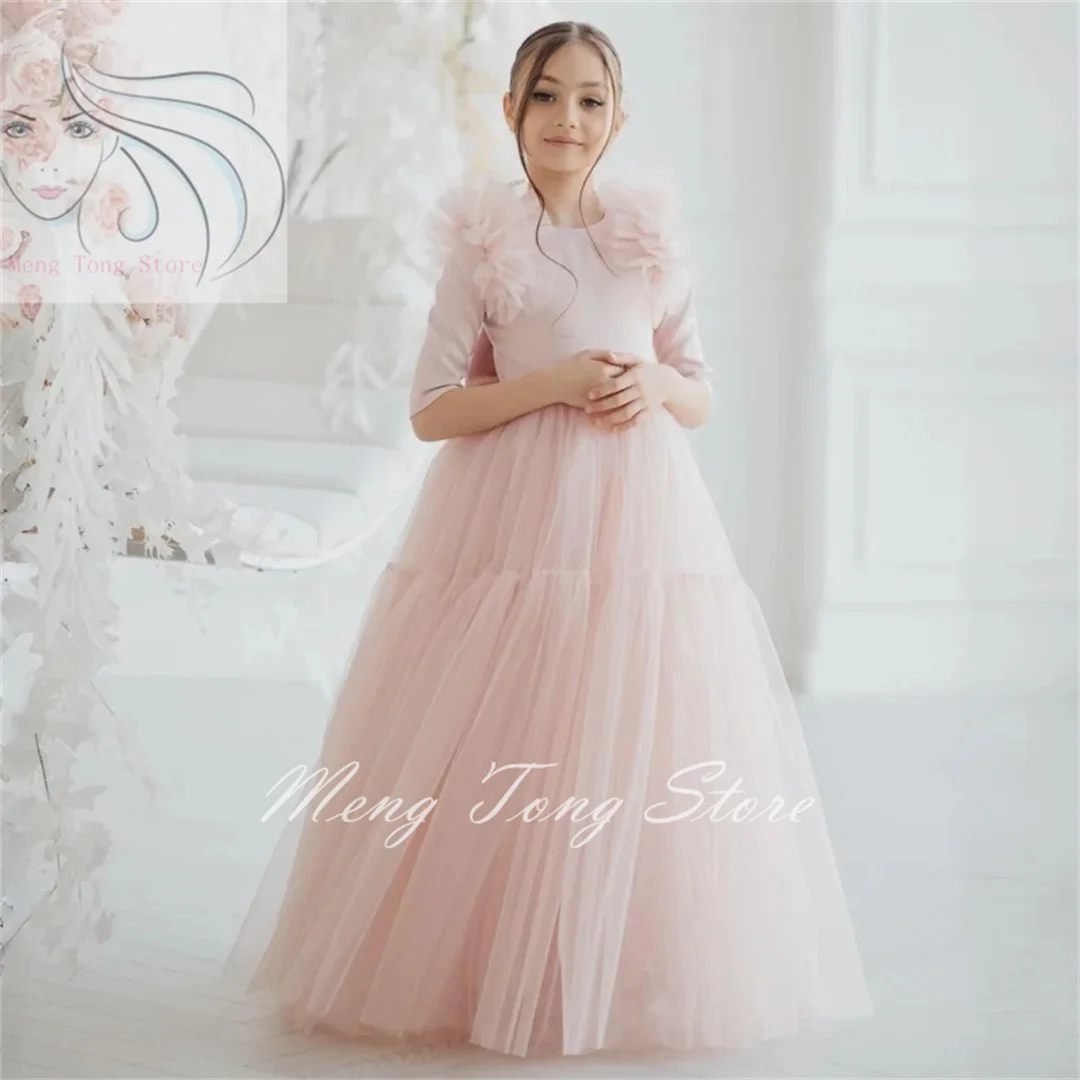 Light Pink Flower Girl Dresses for Wedding Party,Tulle Bow Half Sleeve