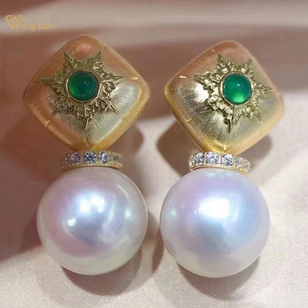 Wong Rain Vintage 925 Sterling Silver 8.5-9 MM Natural Pearl High Carbon Diamond Gemstone Drop Earrings Customized Fine Jewelry