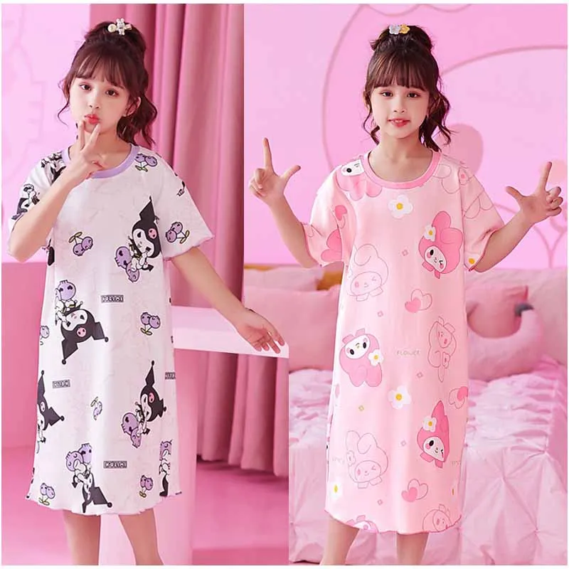 

Sanrios Cartoon HelloKittys Cinnamoroll Kuromi My Melody Children Short Sleeve Pajama Skirt Girls Summer Home Clothing Nightgown