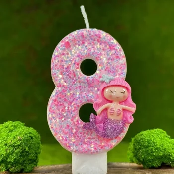 Bougie d'anniversaire numérique créative 0-9, bougie de gâteau d'anniversaire faite à la main, bougie sirène rose, fourniture décorative d'ambiance de fête 1