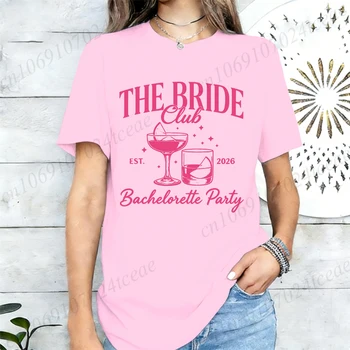 Women's "The Bride Club" Graphic Tee White Black with Pink Lettering Wine Glass Design T-Shirts Perfect for Summer Wedding Gifts 1
