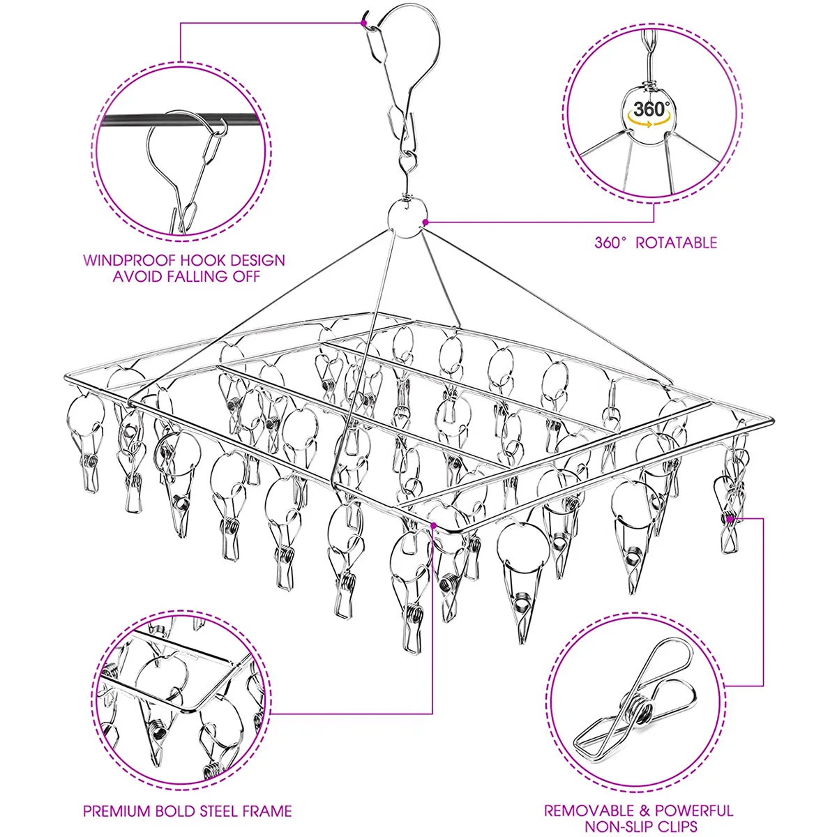 Sock Drying Rack with 36 Pegs Stainless Steel Sock Hanging Rack Swivel Wind-proof Laundry Drip Hanger Foldable Sock Hanger 5