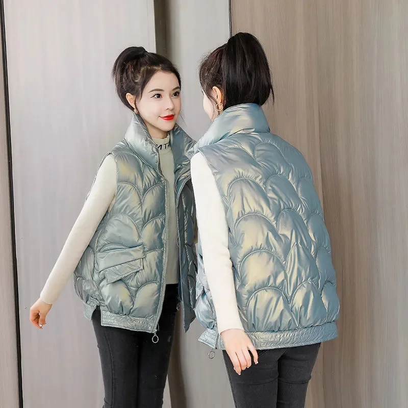 Women Autumn Winter Puffer Vest Shiny Zipper Ladies Casual Sleeveless