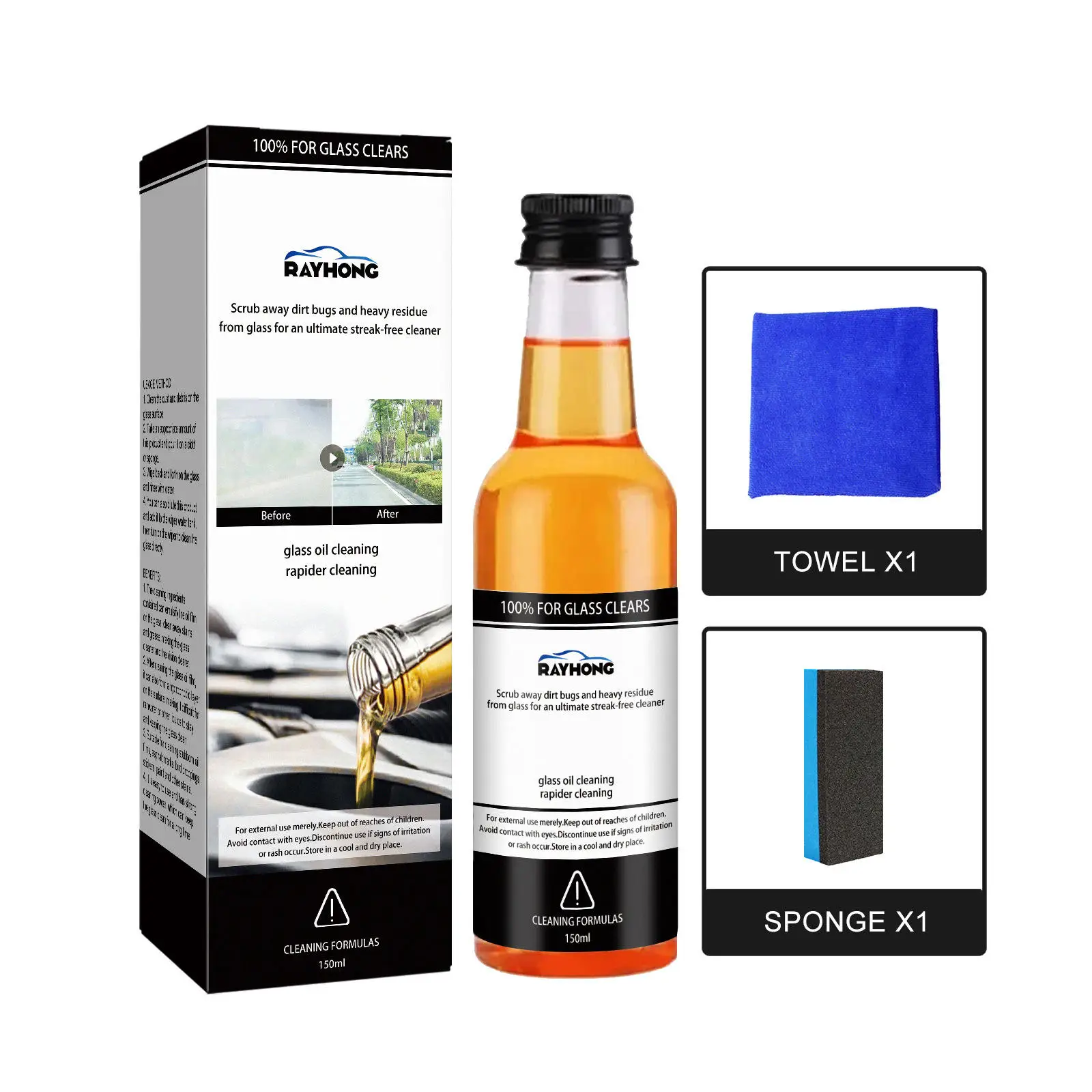 

150ml Car Glass Oil Film Removing Agent Glass Cleaner Kits for Bathroom Auto Window Glass Car Windshield Windscreen