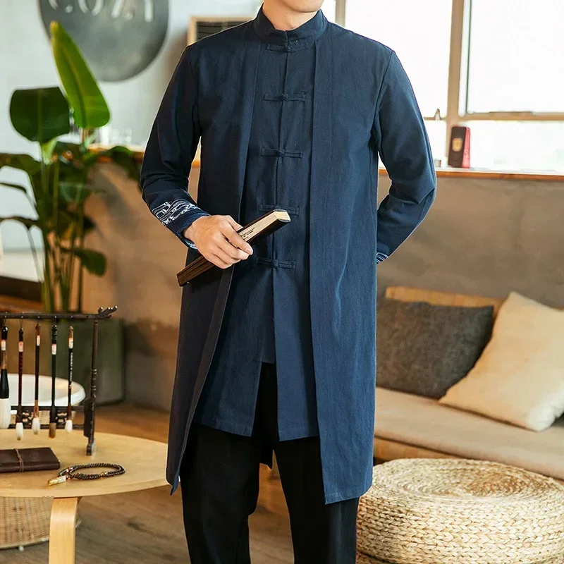 Streetwear Thin Tang Suit Coat Men Mens Linen Jacket Black Long Coat Male Hanfu Chinese Style Robe Harujuku Wind Breaker