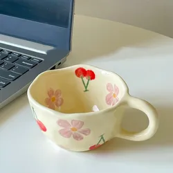 Chic Irregular Flower Ceramic Mug - Korean Style Breakfast Drinkware - 201-300ml (Pink cherry)