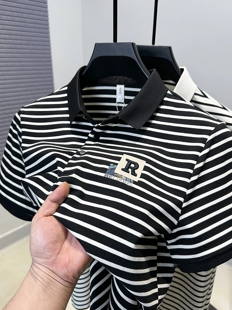 High end brand embroidery men short sleeve polo shirt fashion black white striped summer comfort breathable youth trend T-shirt 13 Sb0cbed25143a4556849b79815edebcda2