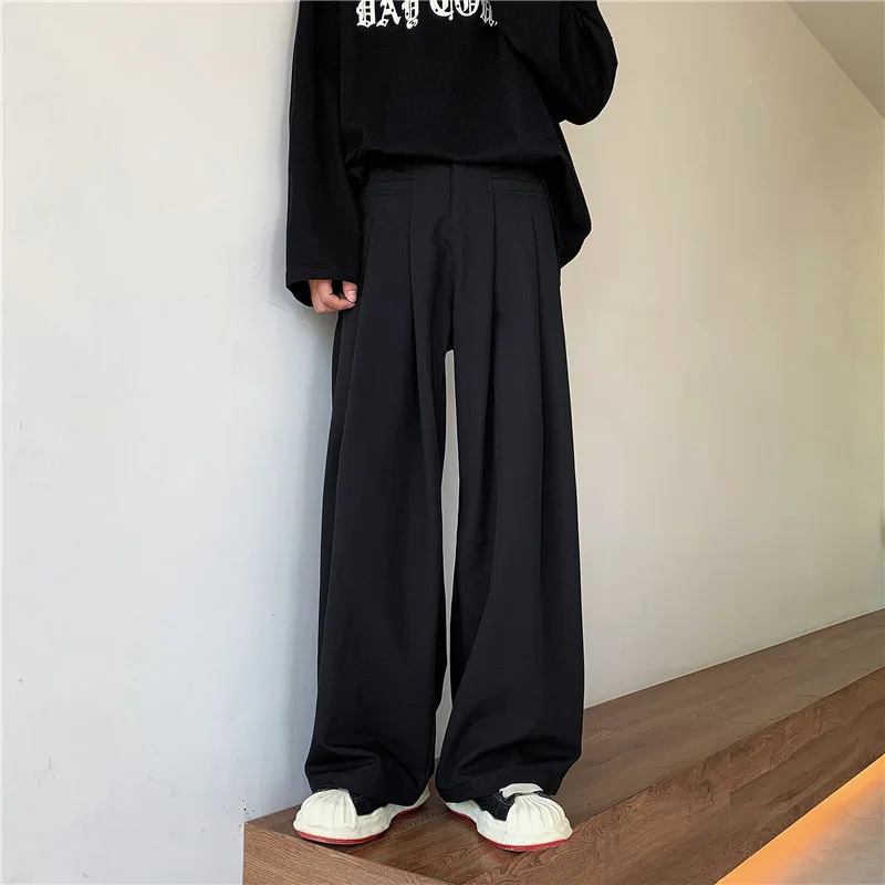Korean Vintage Design Lace Up Suit Pants for Men's Spring Summer Straight Leg Wide Leg Casual Baggy Pants Street Men Clothing