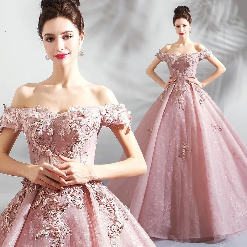 

Colorful Yarn Evening Dress Pink Flower Bride New Wedding Toast Dresses Elegant Off Shoulder Embroidery A-Line Princess Gowns