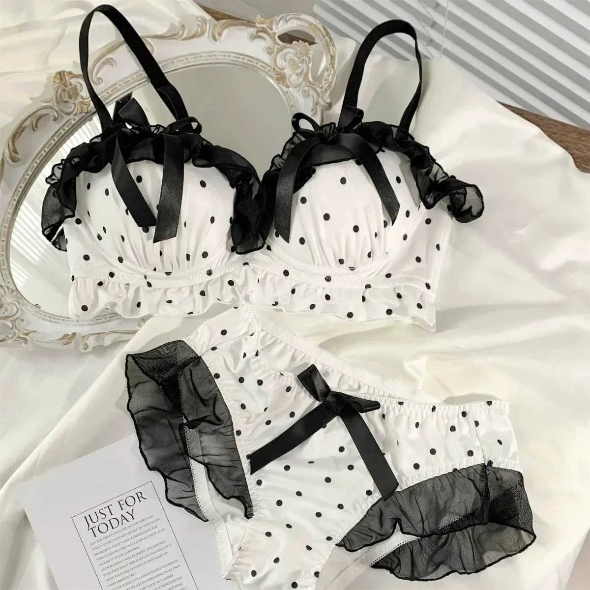 Süßes Polka Dot Spitzen Bh Und Slip Set Push Up Für Damen_voghion.com