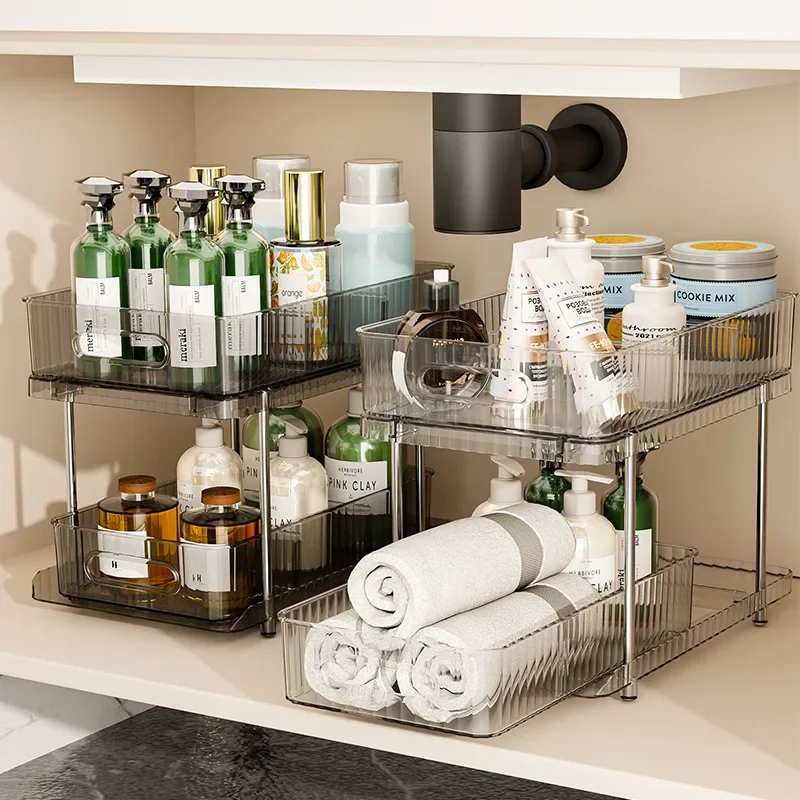 

Double Layer Pull-out Cosmetic Storage Box Transparent Drawer Style Kitchen Desktop Storage Case Rack Bathroom Cabinet Organizer