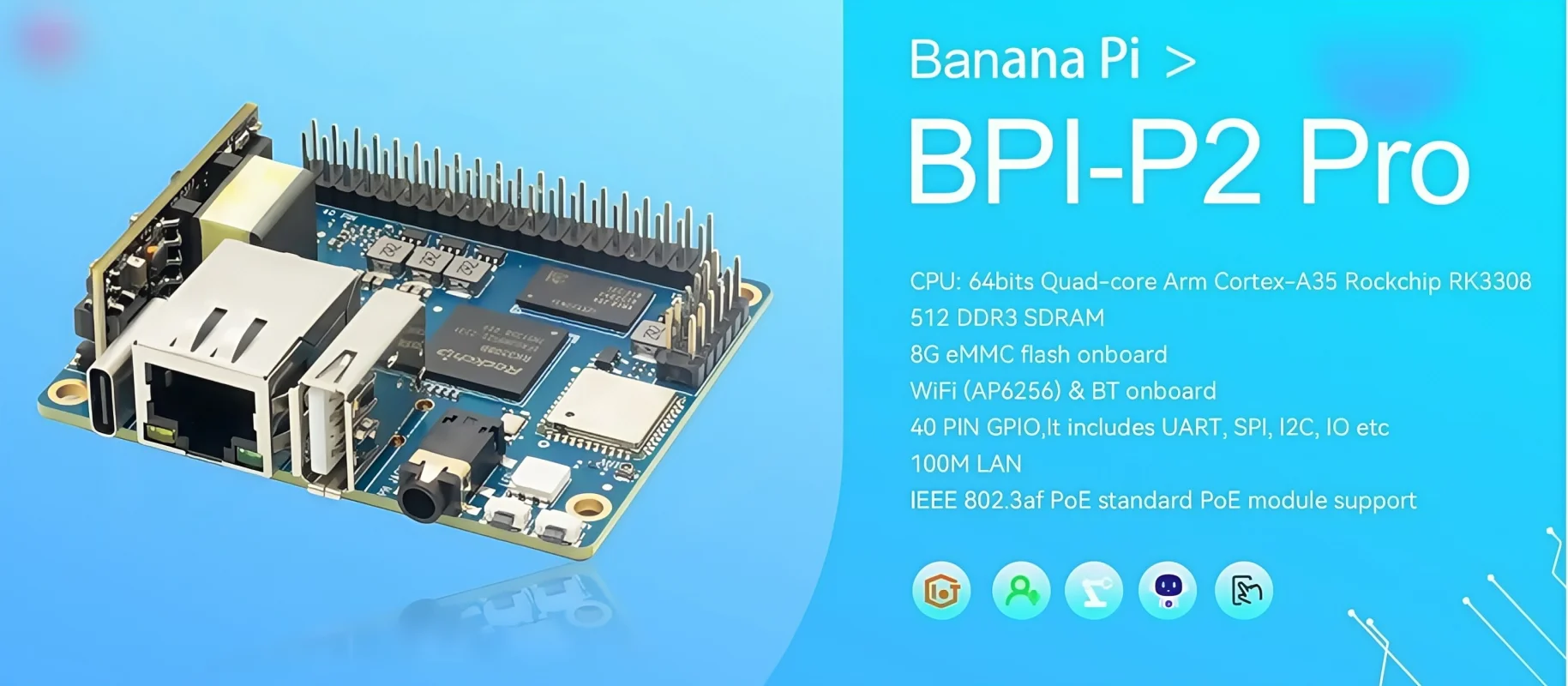 AvaCoreBanana Pi BPI-P2 Pro IoT 개발 보드는 Rockchip RK3308 칩 디자인, 512M 메모리, 8G 스토리지, PoE 지원을 갖추고 있습니다.