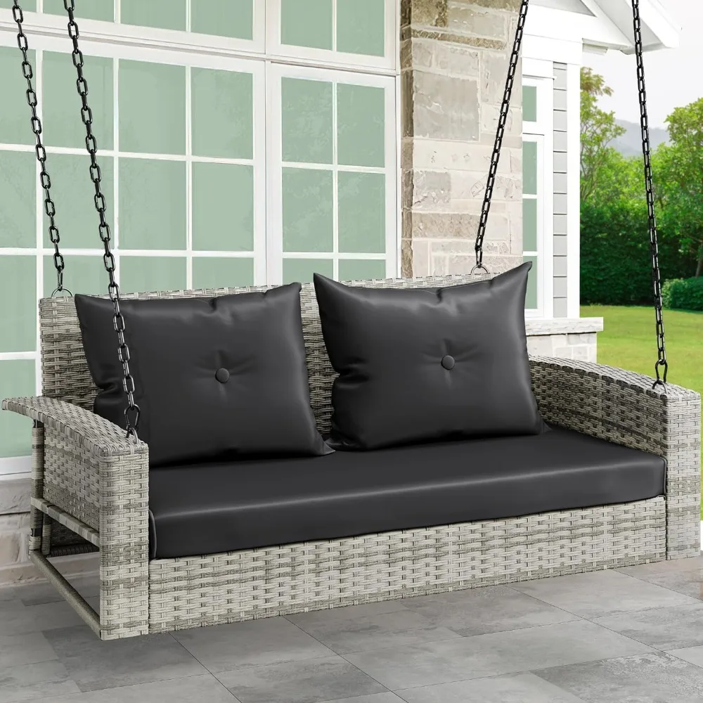 

2-Seats Wicker Hanging Porch Swing Chair Outdoor Gray Rattan Patio Swing Lounge w/ 2 Back Cushions Capacity 530lbs