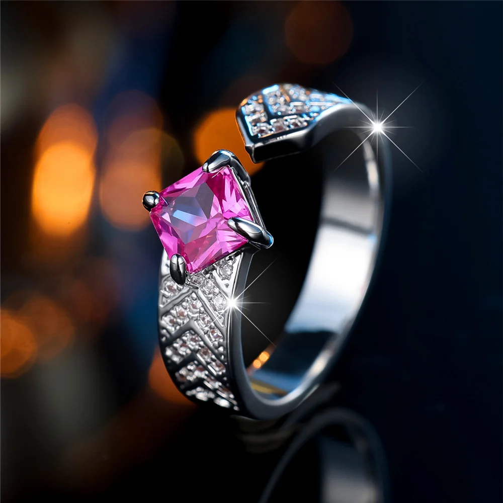 Charm Female Rose Red Square Stone Adjustable Open Ring Silver Color Cute Gift Wedding Jewelry For Women
