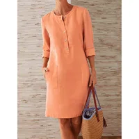 Women Casual Soild Long Sleeve Cotton And Linen Tunic Dress Vintage Straight Dress Long Sleeve Oversized Mini Knee-Length Dress - Image 4