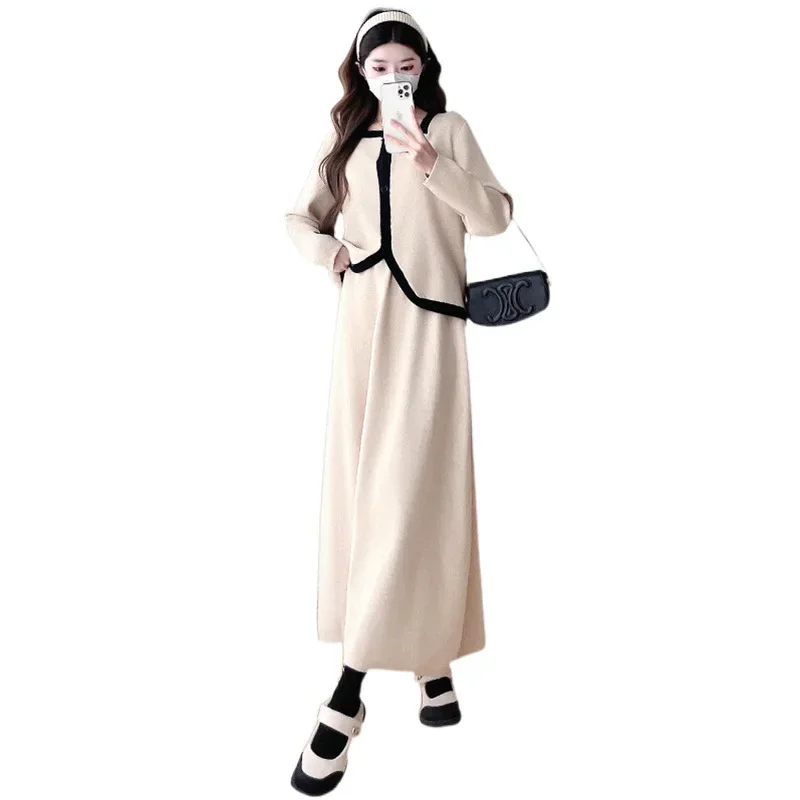 Maternity Clothing Knitted Fleece Casual Outerwear Top And Skirt Two-Piece Set for Pregnant Women Autumn Winter