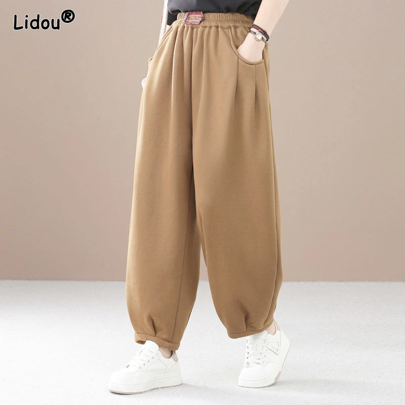 2023 Casual Sports Loose and Simple Elastic Waist Pocket Oversize Fashionable and Versatile Women's Solid Color Sanitary Pants