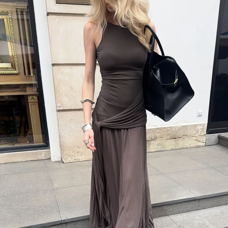 Fashion Ribbon Ruffles Slim Dress For Women Sleeveless Streetwear Long Solid Dress Autumn Lady Club Party Maxi Vest Dress
