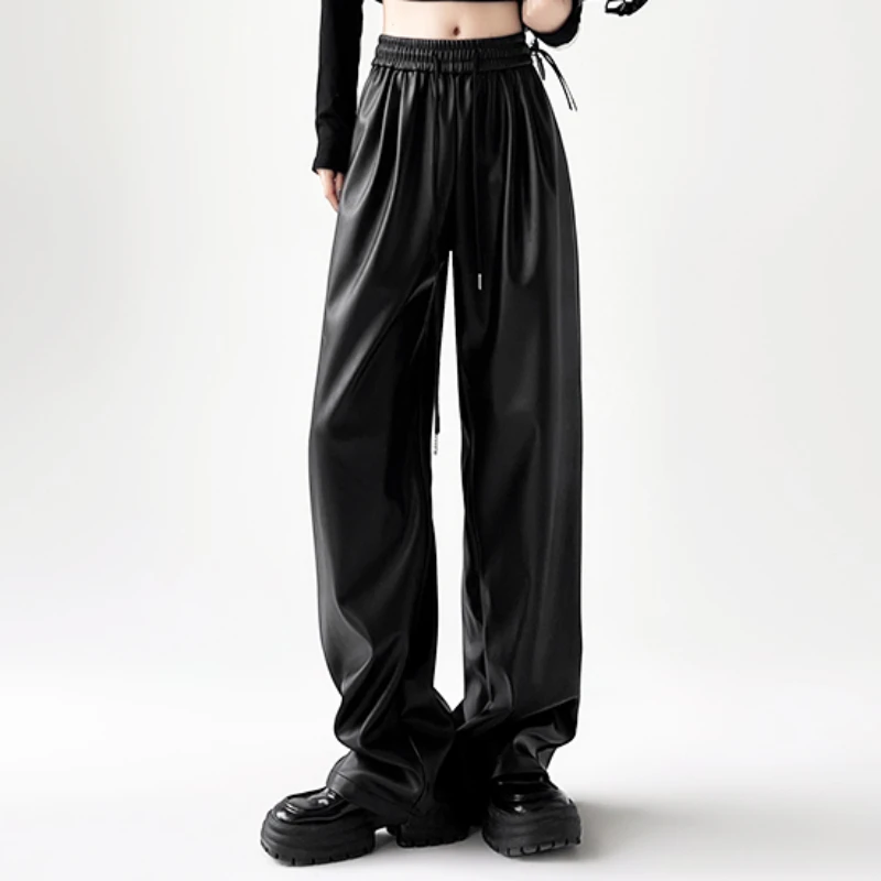 

Women Faux Leather Pants Elastic Waist Solid Color Fleece in Warm Wide Leg Trousers Y2K Autumn/Winter High Street Women Outfits