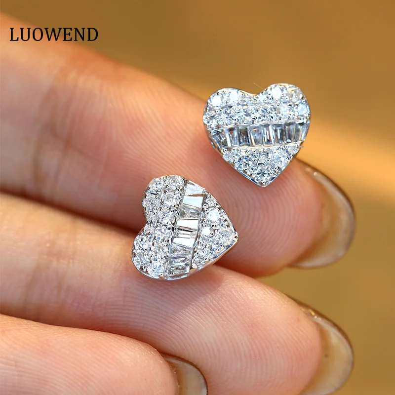 LUOWEND 18K White Gold Earrings Women Love Shapes Stud Earrings Real Natural Diamonds 0.46carat Luxury Party Fine Jewelry i love disco diamonds 38 1 cd