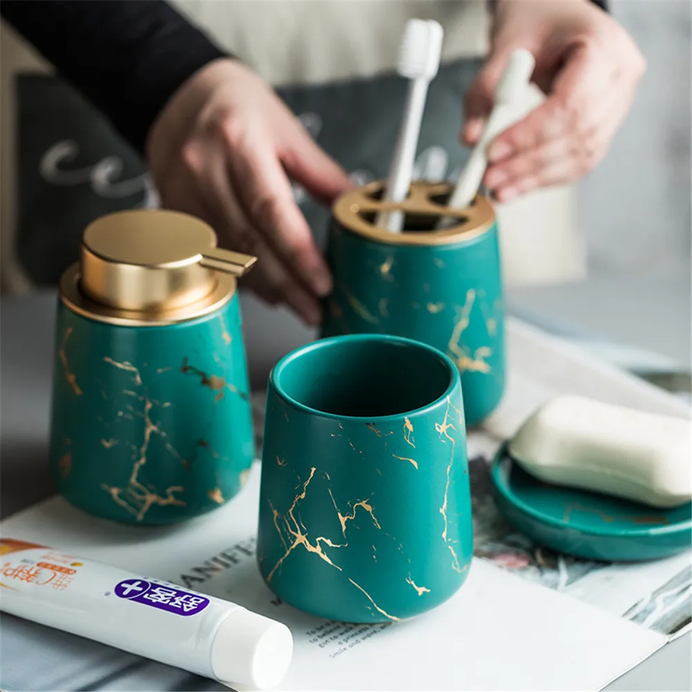 Nordic Marble Pattern Ceramic Soap Dispenser Mouthwash Cup Toothbrush Holder Soap Dish Bath Kit Bathroom Set Accessory Full soap dispenser toothpaste dispenser bathroom accessories set