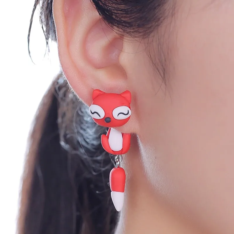 Handgefertigte rote Fuchs-Ohrringe aus Polymer Clay für Damen, 3D-Tier-Ohrstecker, vorne und hinten, Piercing-Schmuck, niedliche Cartoon-Fuchs-Ohrringe