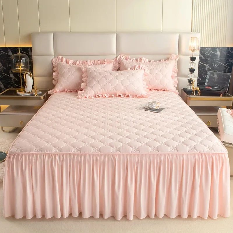

Thicken Single Double Bed Skirt Cotton-padded Ruffled Bed Skirt Non-slip Mattress Cover Protector Bed Cover Solid Color