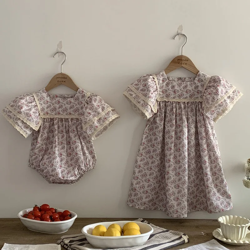 Family Matching Sister Outfit Kids Summer New Baby Girls Clothes Girl Dress Short Sleeve Floral Lace Baby Romper Princess Dress 2