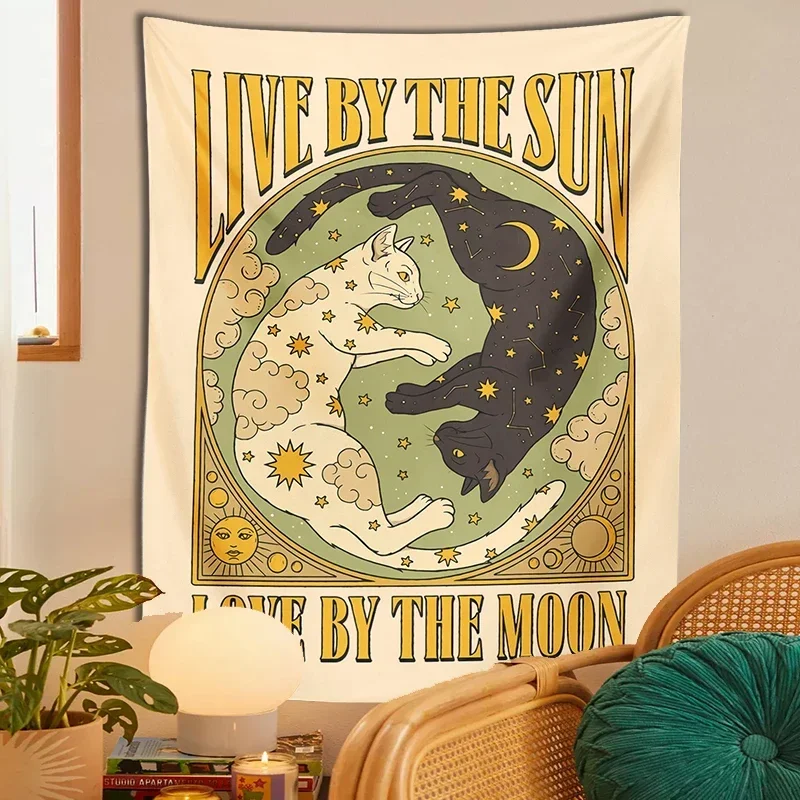 Description Picture 6 of itemSun Moon Cat Tapestry Wall Hanging Tarot Retro Black White Cat Psychedelic Love Star for Living Room Home Dorm Decor Cloth Gift