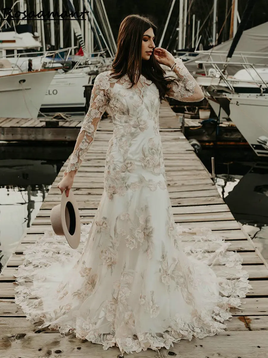 

Newest O-Neck Illusion Back Mermaid Wedding Dresses Long Sleeve Floral Embroidery Bridal Gowns Robe De Mariée