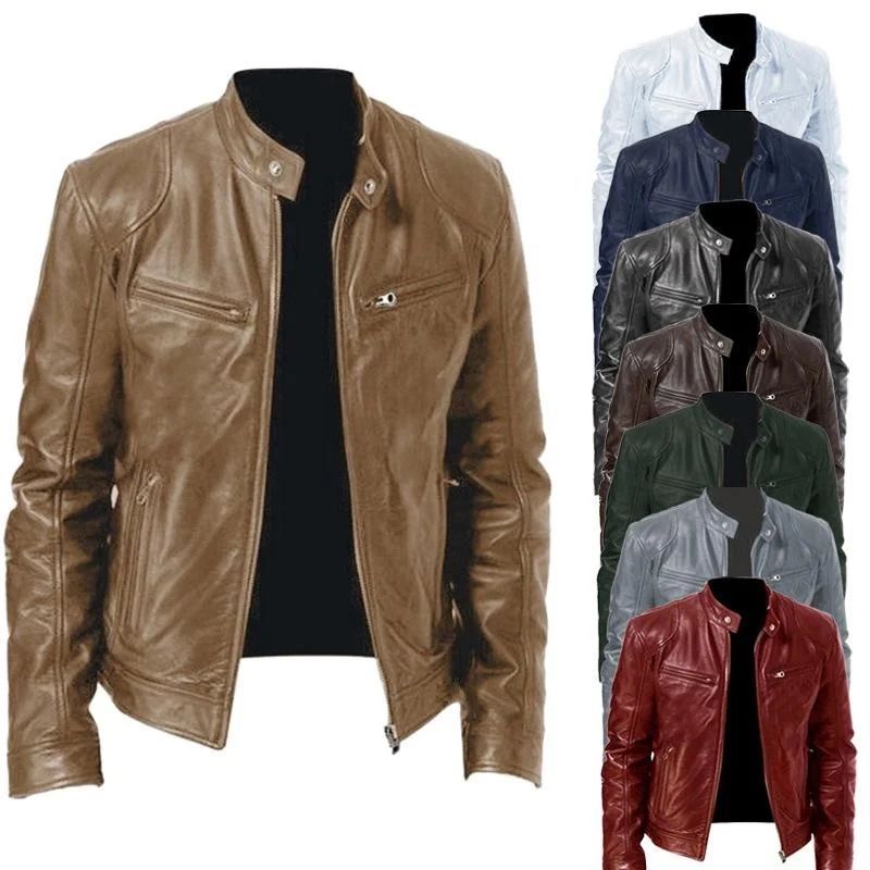 Mens Fashion Leather Jacket Slim Fit Stand Collar PU Casual Zipper Jacket Male Windproof Motorcycle Lapel 8 Colors